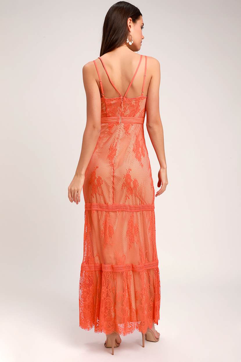 RYSE the Label Ashley - Coral Orange Dress - Lace Dress - Maxi - Lulus