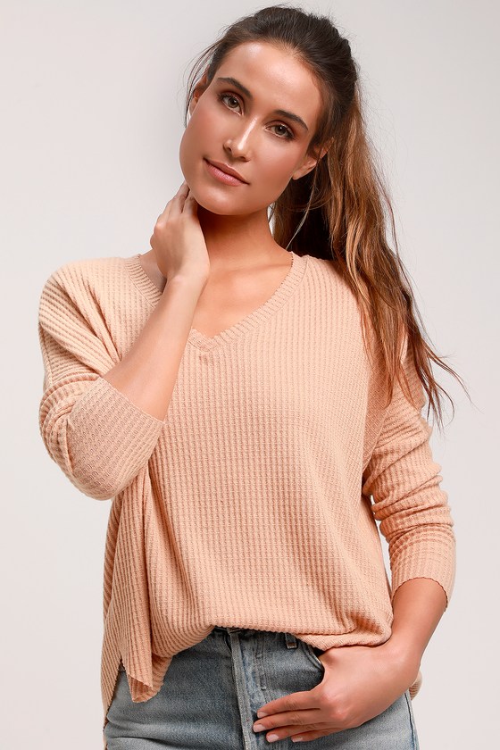 Cute Beige Top Beige Waffle Knit Top Beige Long Sleeve Top Lulus