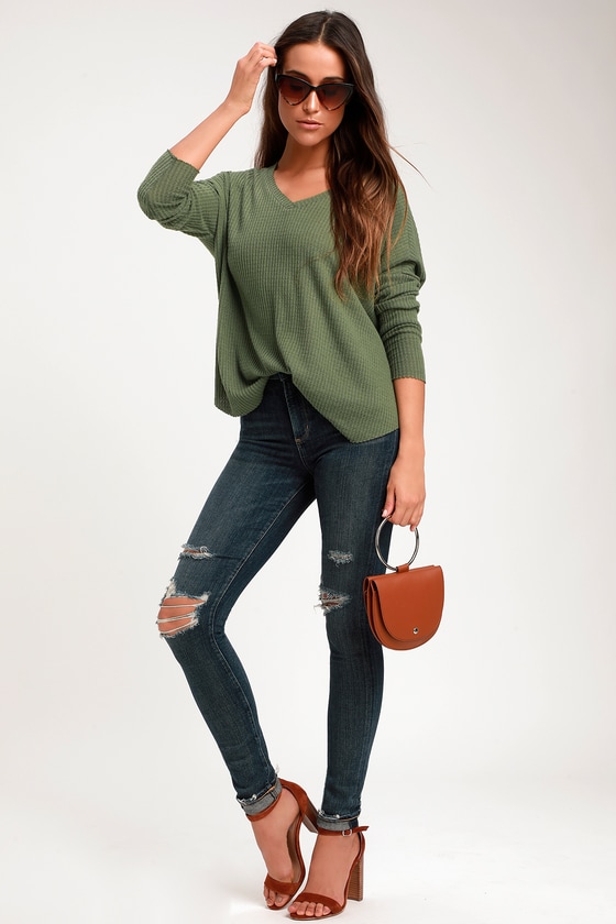 Only For You Olive Green Knit Long Sleeve Top