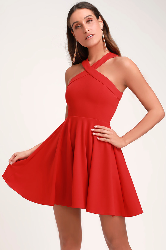 Chic Red Dress Skater Dress Halter Dress Short Dress Lulus