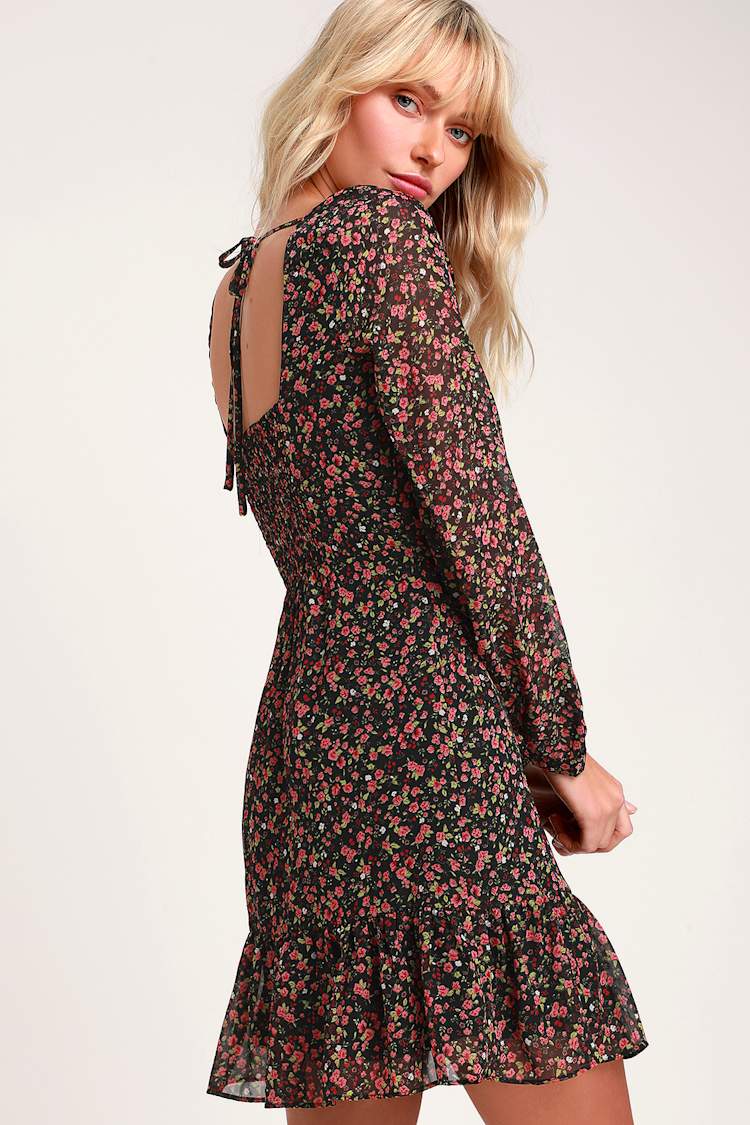 Cute Floral Print Dress - Black Floral Dress - Long Sleeve Dress - Lulus