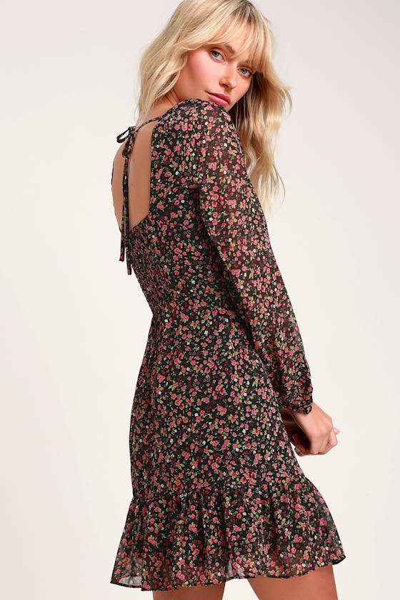 Cute Floral Print Dress Black Floral Dress Long Sleeve Dress Lulus