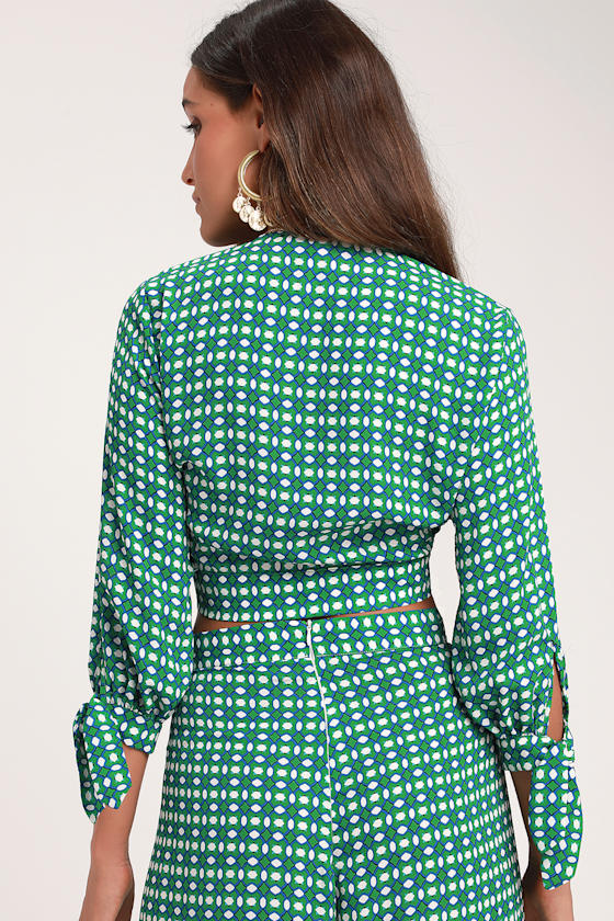 Loyal Friend Green Print Tie-Front Crop Top 2