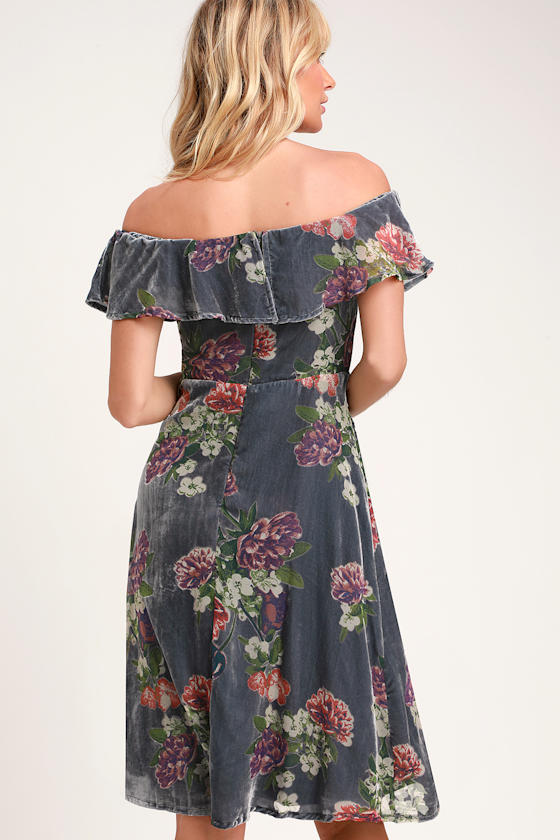 Grey Floral Print Dress Burnout Velvet Dress Offtheshoulder Lulus