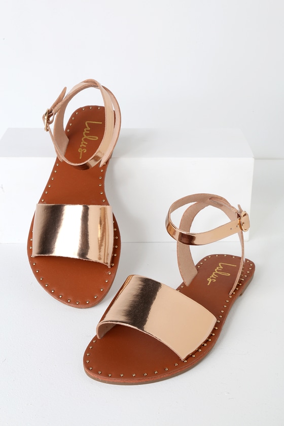 Trendy Rose Gold Sandals - Studded Sandals - Flat Sandals - Lulus