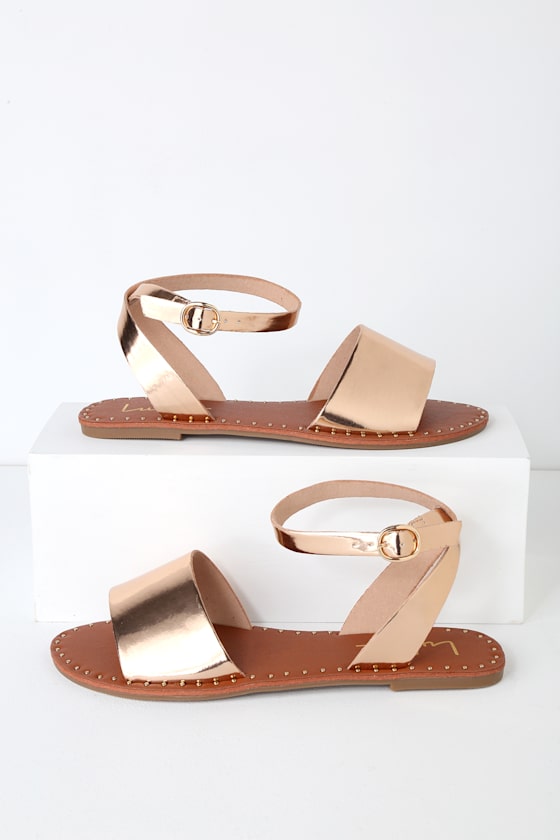 Trendy Rose Gold Sandals Studded Sandals Flat Sandals