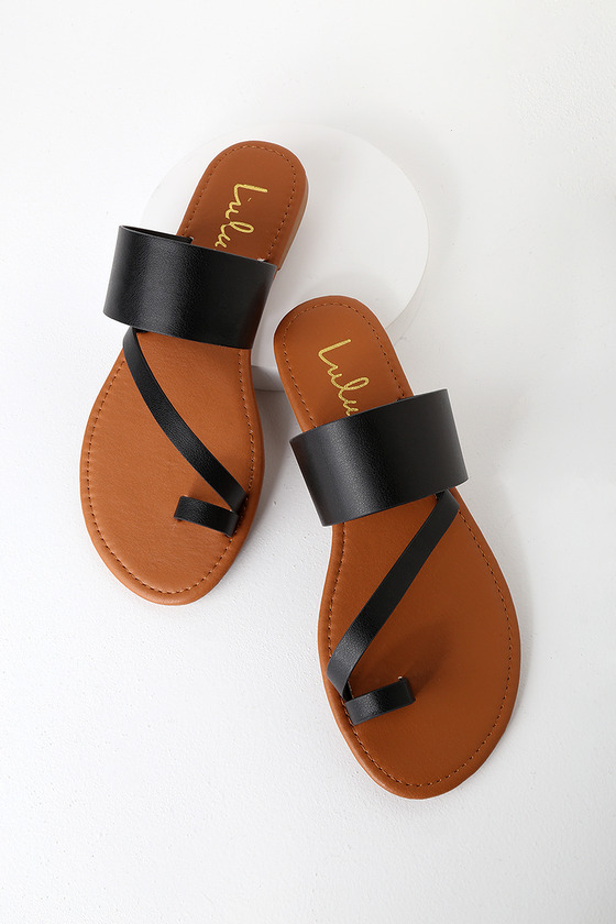 Cute Black Flat Sandals - Vegan Leather Sandals - Women's Sandals - Lulus