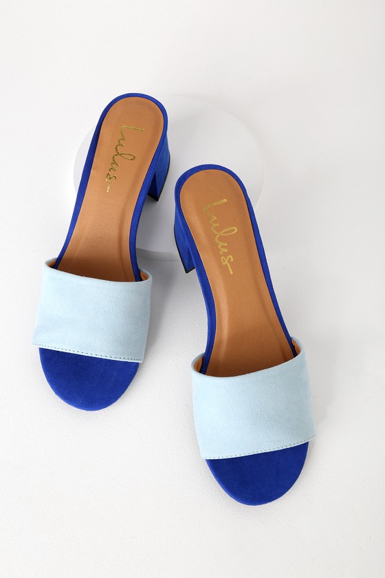 blue suede mules
