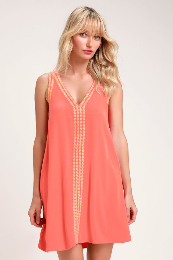 Coral Pink Dress Embroidered Dress Sleeveless Shift Dress Lulus