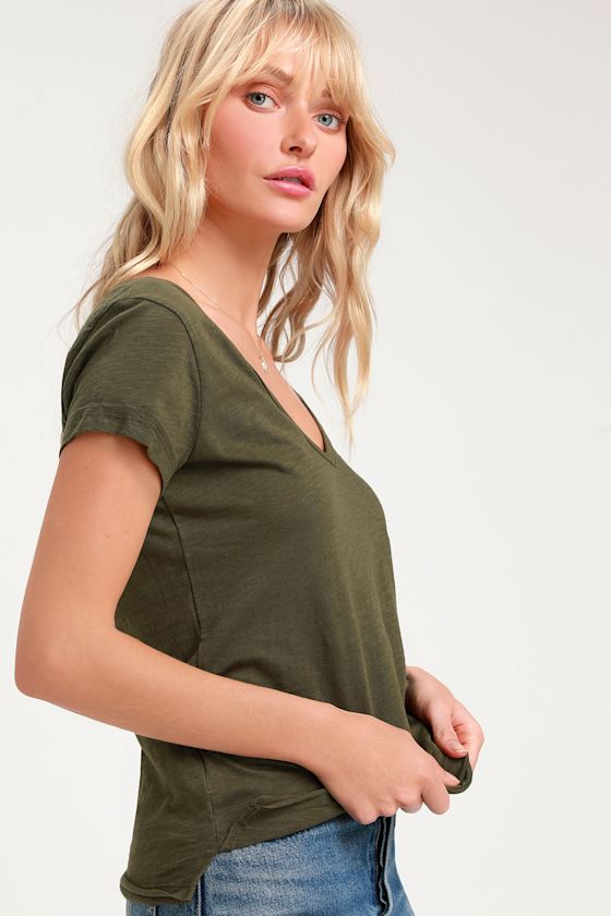 Cute Olive Green T-Shirt - V-Neck T-Shirt - Slub Knit T-Shirt - Lulus