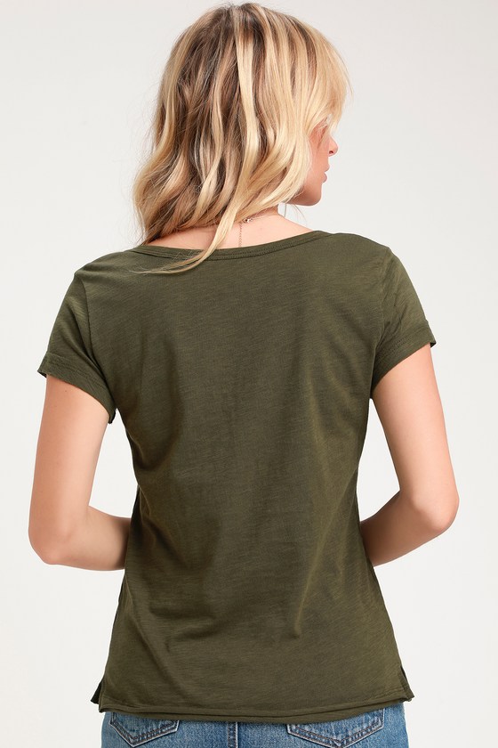Cute Olive Green T-Shirt - V-Neck T-Shirt - Slub Knit T-Shirt