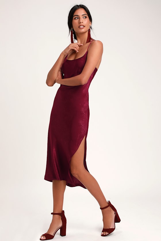 Sexy Burgundy Slip Dress Satin Slip Dress Midi Slip Dress
