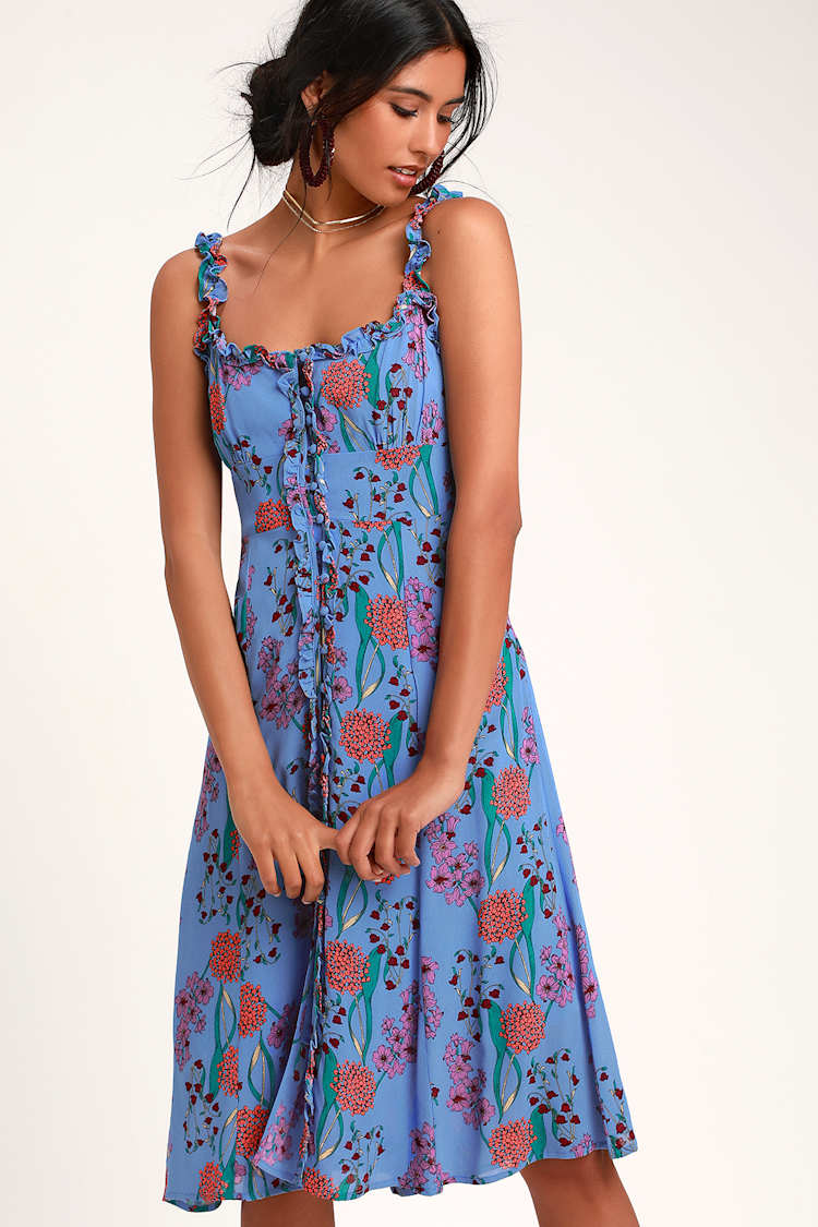 ASTR the Label Blended Dress - Blue Floral Dress - Midi Dress - Lulus