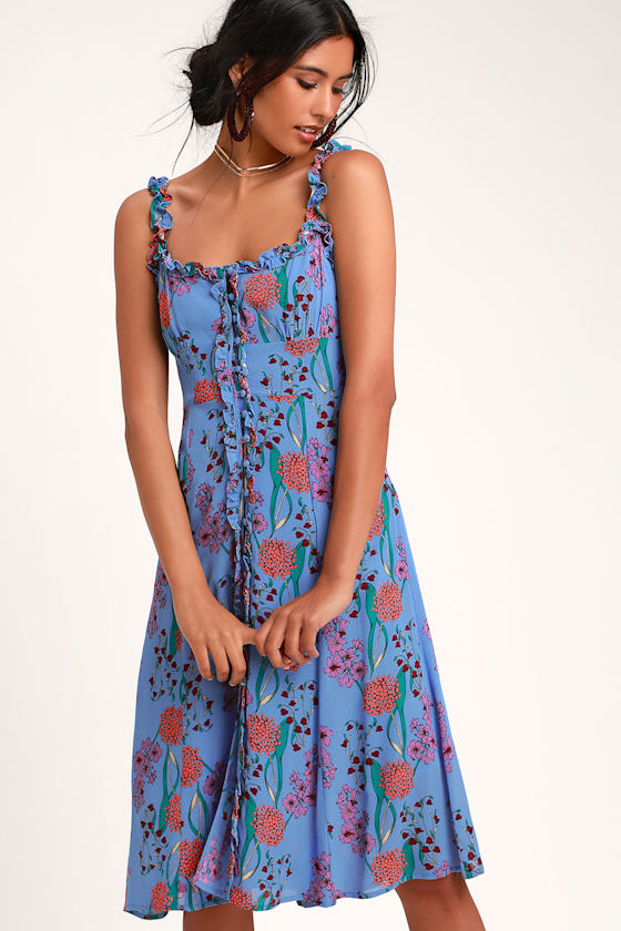 Blended Blue Floral Print Button-Up Midi Dress 1