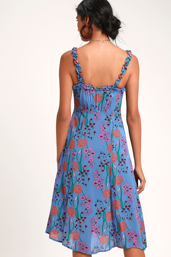 Blended Blue Floral Print Button-Up Midi Dress 3