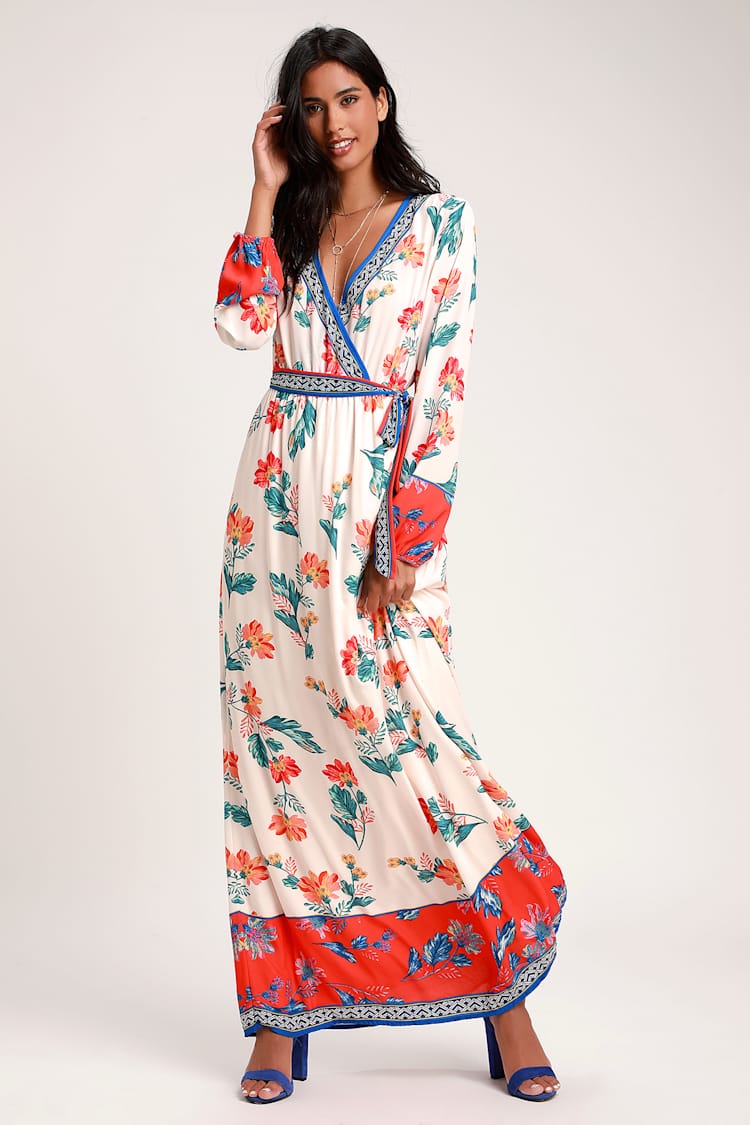Cute Cream Multi Print Dress - Maxi Dress - Long Sleeve Dress - Lulus
