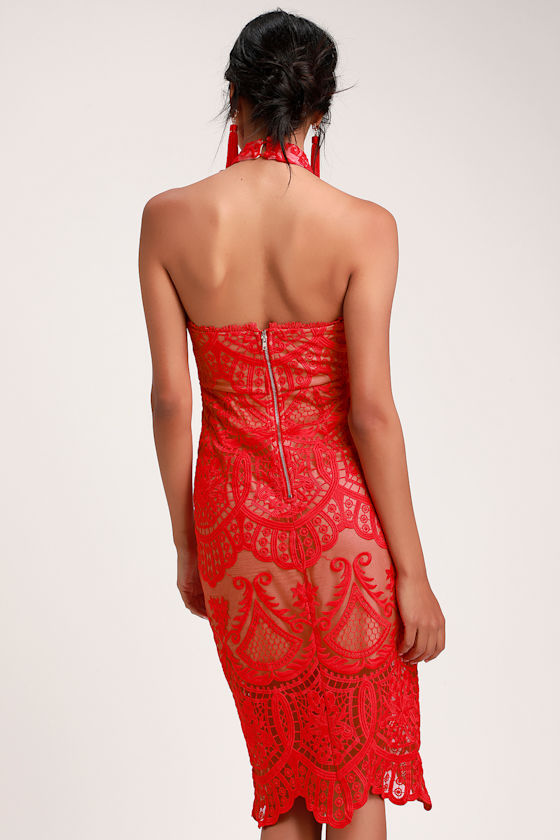 Celebrate Life Red Lace Halter Midi Dress 3