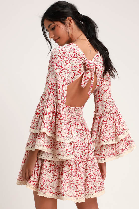 Kristall Berry Red Floral Print Bell Sleeve Mini Dress 4