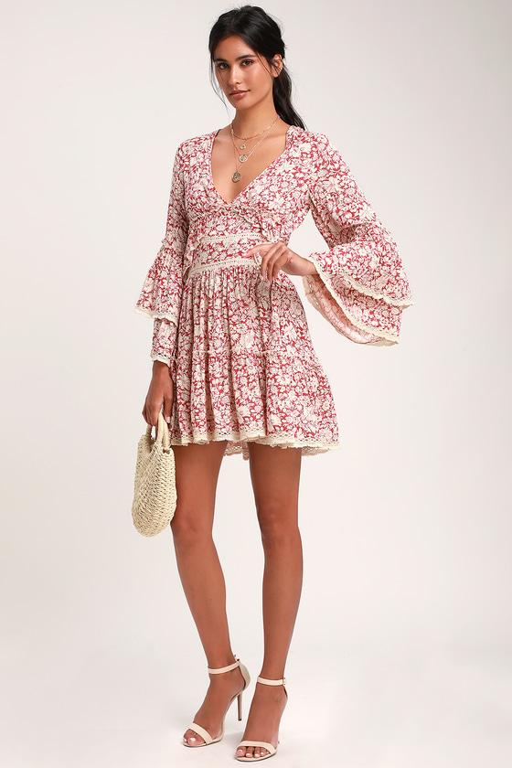 kristall berry red floral print bell sleeve mini dress