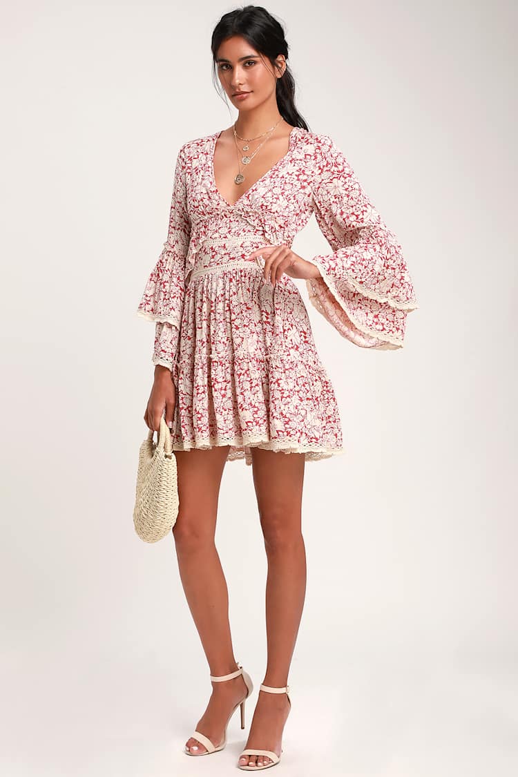 Kristall Berry Red Floral Print Bell Sleeve Mini Dress