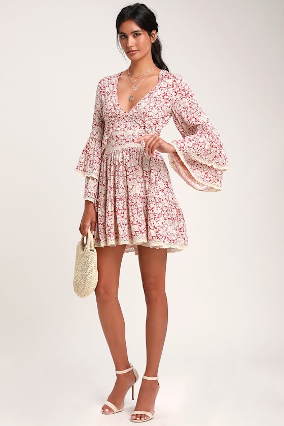Kristall Berry Red Floral Print Bell Sleeve Mini Dress 2