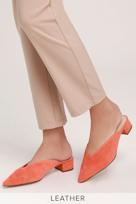 Marlessa Soft Coral Kid Suede Leather Pointed Toe Mules 5