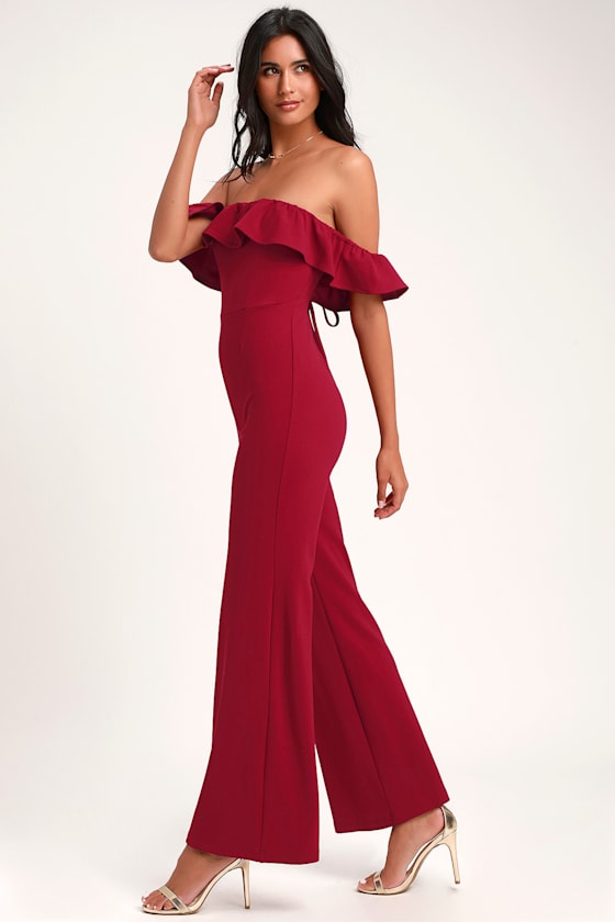 Wine Red Jumpsuit LaceUp Jumpsuit OfftheShoulder Jumpsuit Lulus