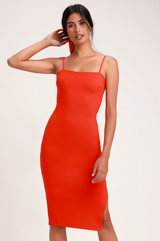 Paulina Coral Red Bodycon Midi Dress 5