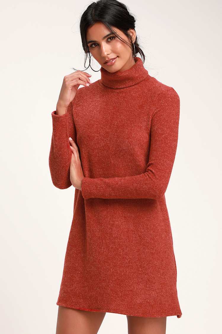 fitted lace wedding dress with A Kiss Ribbon-Sleeve Turtleneck Sweater Dress Cherry Red / M main image 1
