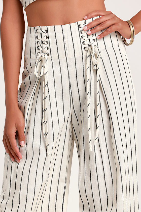 Henmar Ivory Striped Lace-Up Wide-Leg Pants 3