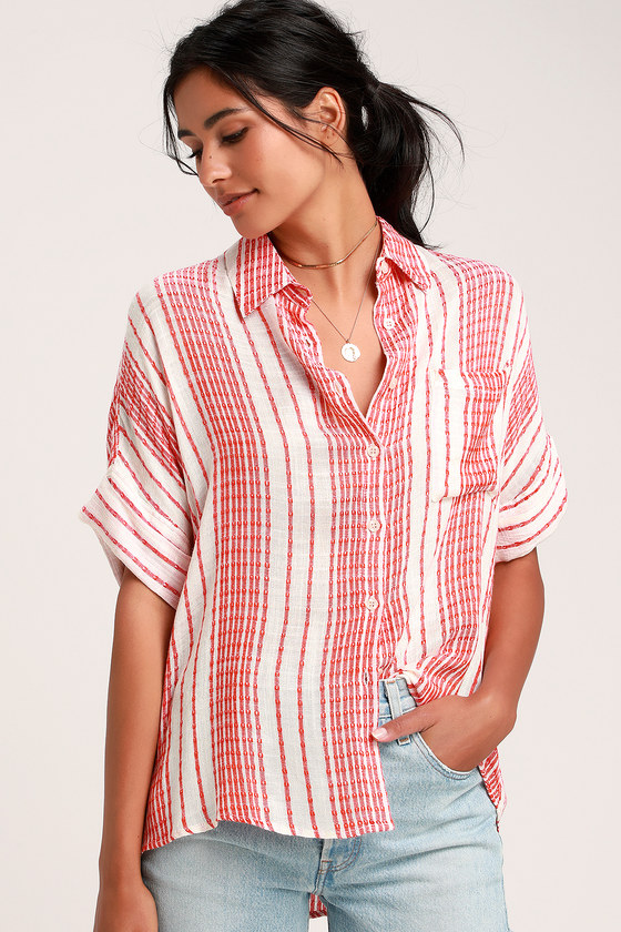 Chic Cream and Red Striped Top - Button-Up Top - Collared Top - Lulus