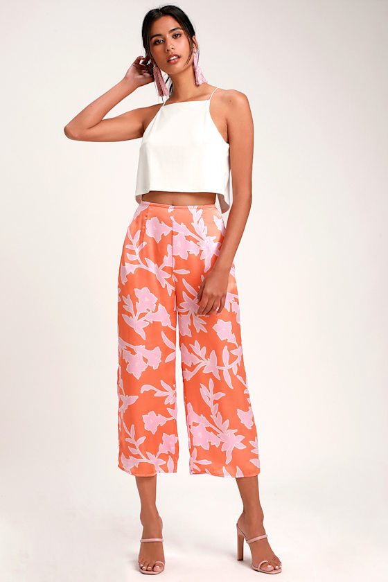 Maui Moments Orange and Pink Floral Print Satin Wide-Leg Pants 3