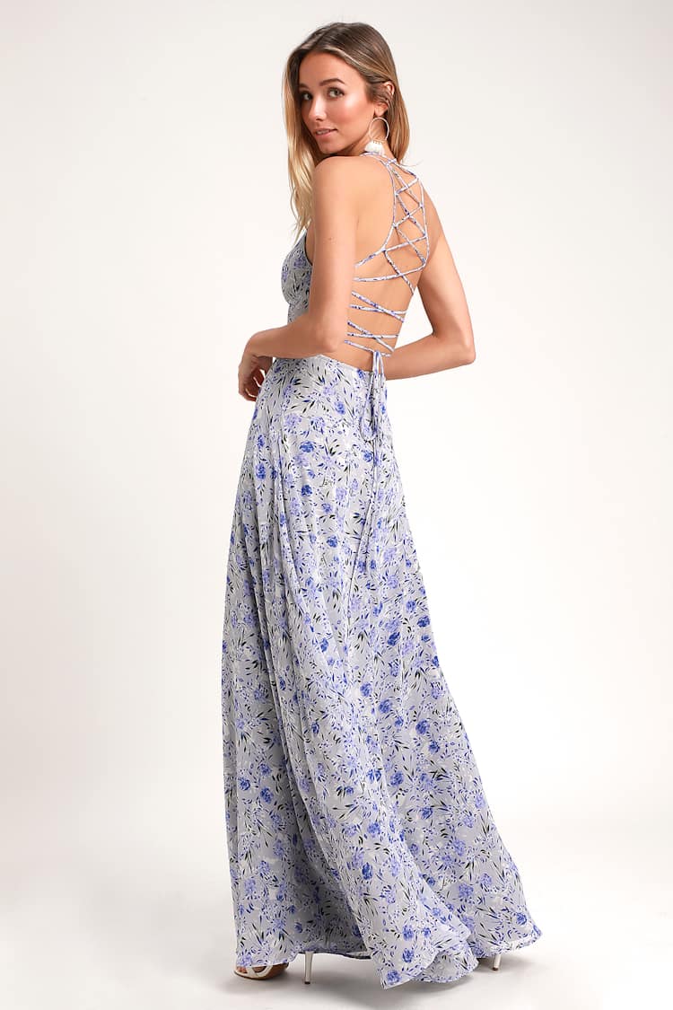blue georgette flower maxi dress Petal and Pup Women's Codie Off Shoulder Maxi Dress