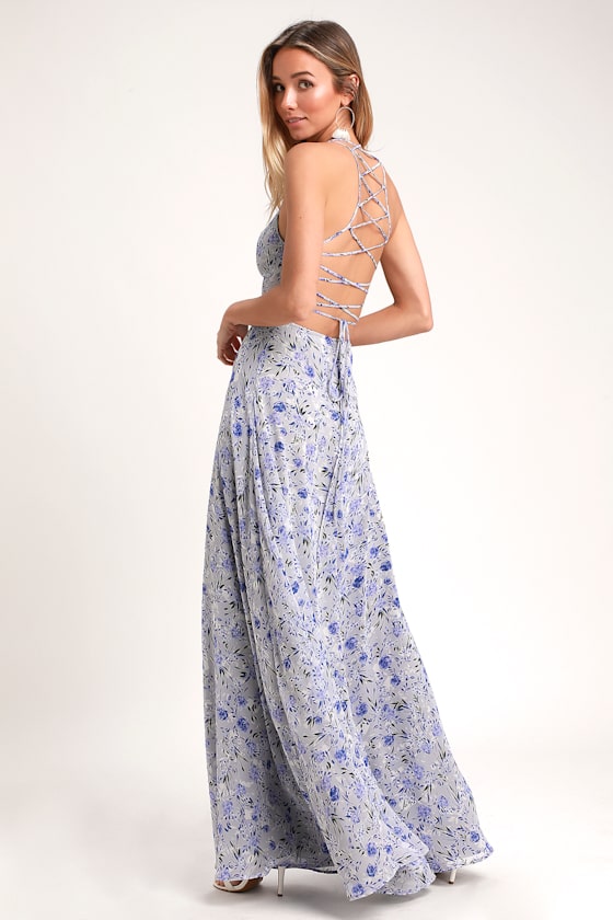 Dora Light Blue Floral Print Lace-Up Maxi Dress 1