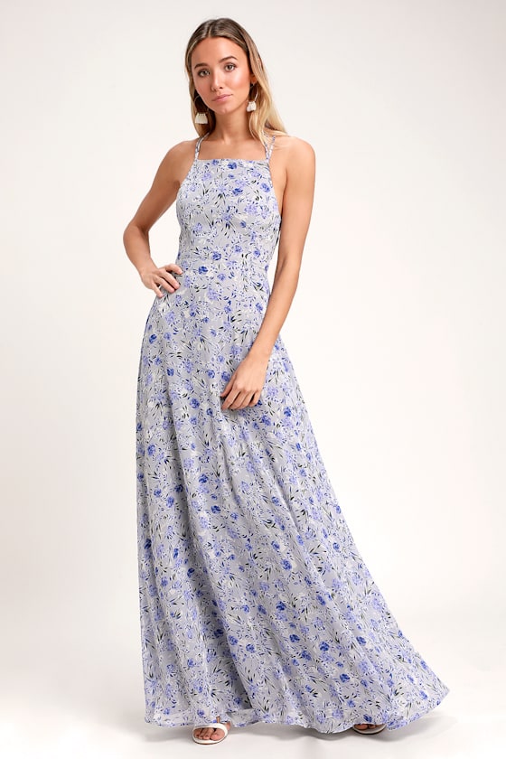 Dora Light Blue Floral Print Lace-Up Maxi Dress 2