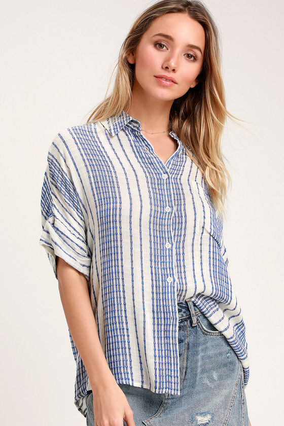 Chic Cream and Blue Striped Top - Button-Up Top - Collared Top - Lulus