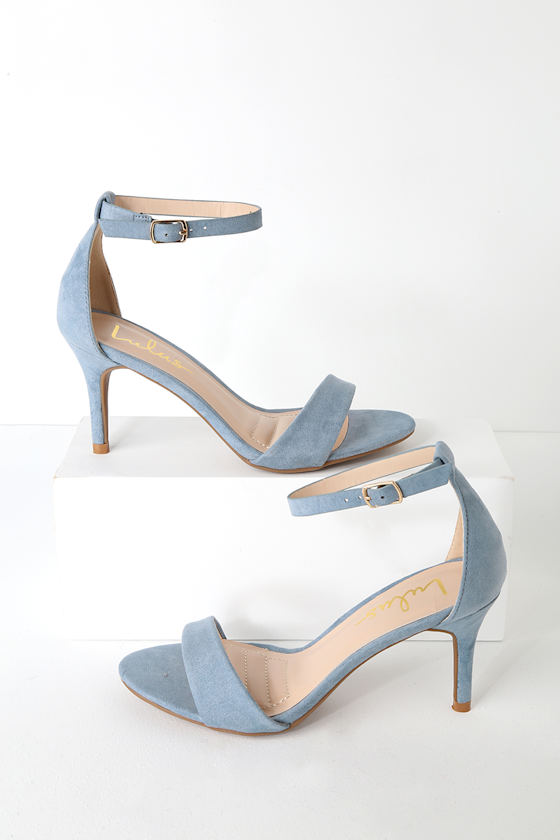 harper blue suede ankle strap heels