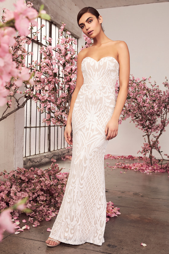 white sequin strapless dress