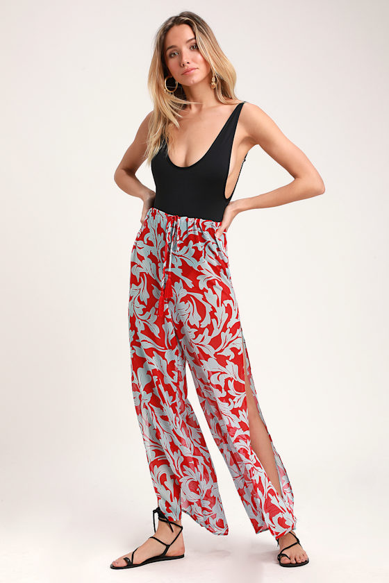 Beachy Keen Red and Light Blue Floral Print Swim Cover-Up Pants 1