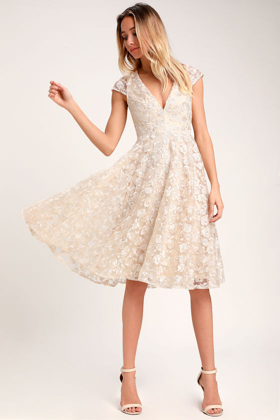 Stunning Lace Midi Dress Champagne Dress Midi Skater Dress Lulus