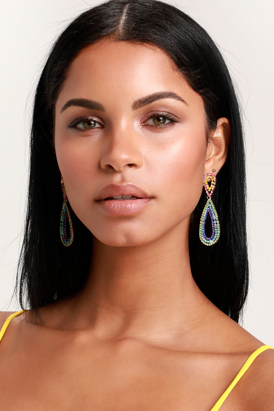 Glam Rhinestone Earrings - Rainbow Earrings - Teardrop Earrings - Lulus