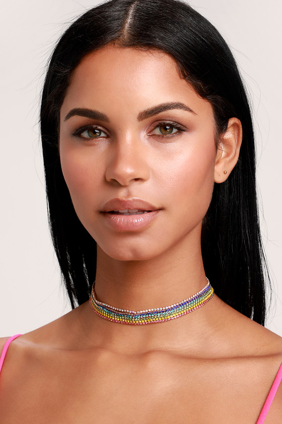 Angelique Gold and Rainbow Rhinestone Layered Choker Necklace