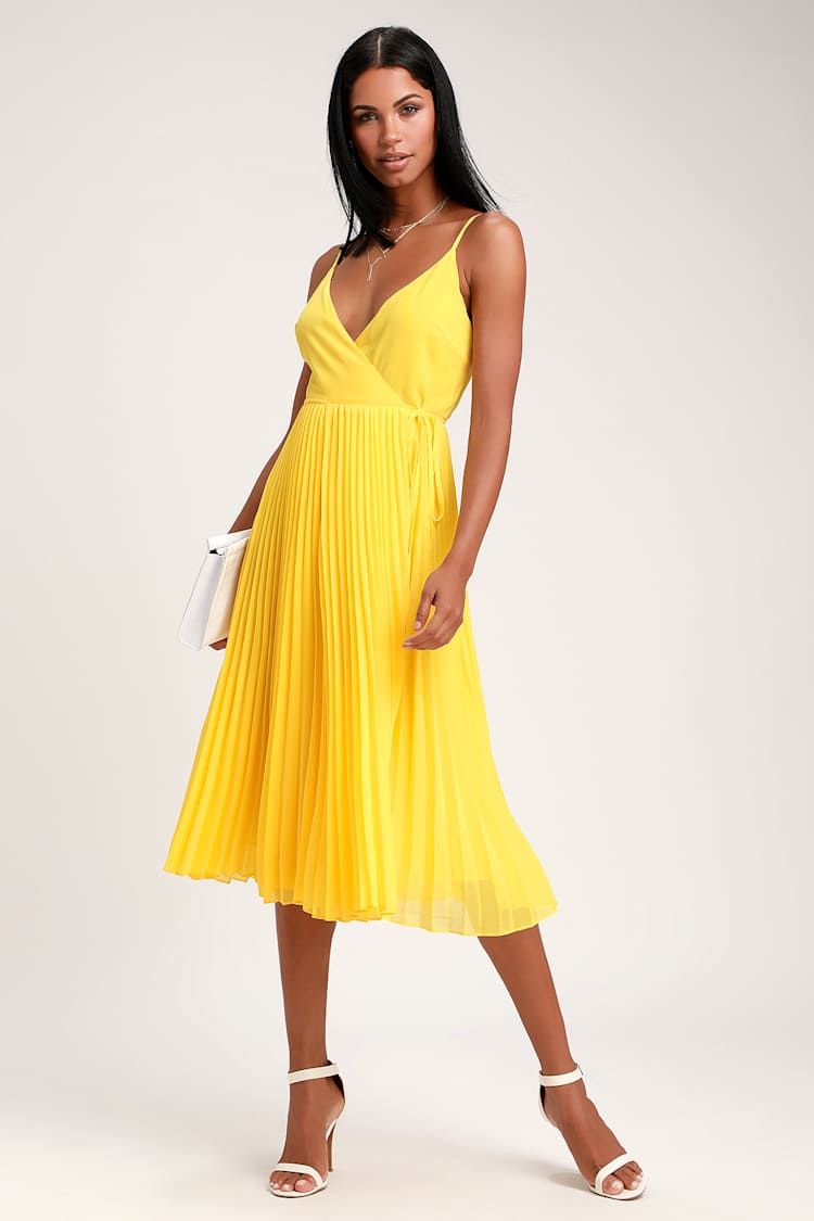 knee length dresses for ladies Golden Yellow Cotton Poplin V-Neck Gathered Midi Wrap Dress 60