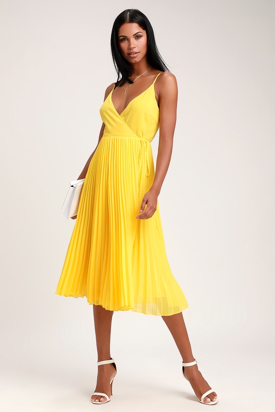 Take it From Me Yellow Pleated Wrap Midi Dress