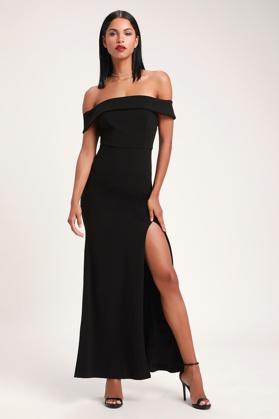 Glam Black Dress - Off-the-Shoulder Maxi Dress - OTS Maxi