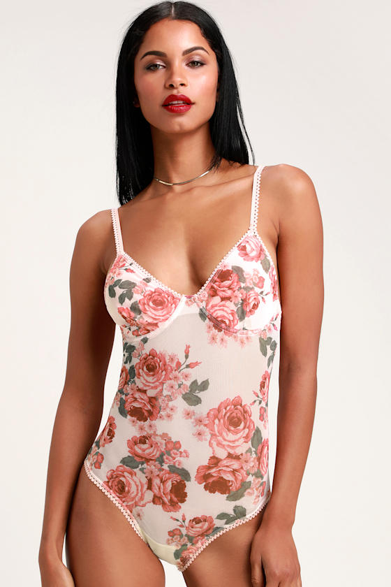 Secret Garden Rose Pink Floral Print Mesh Bodysuit 1