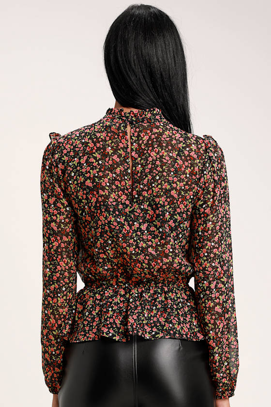 Pretty as Petals Black Floral Print Ruffled Long Sleeve Top 2