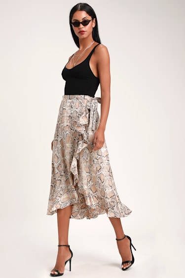 She's Wild Beige Snake Print Wrap Midi Skirt