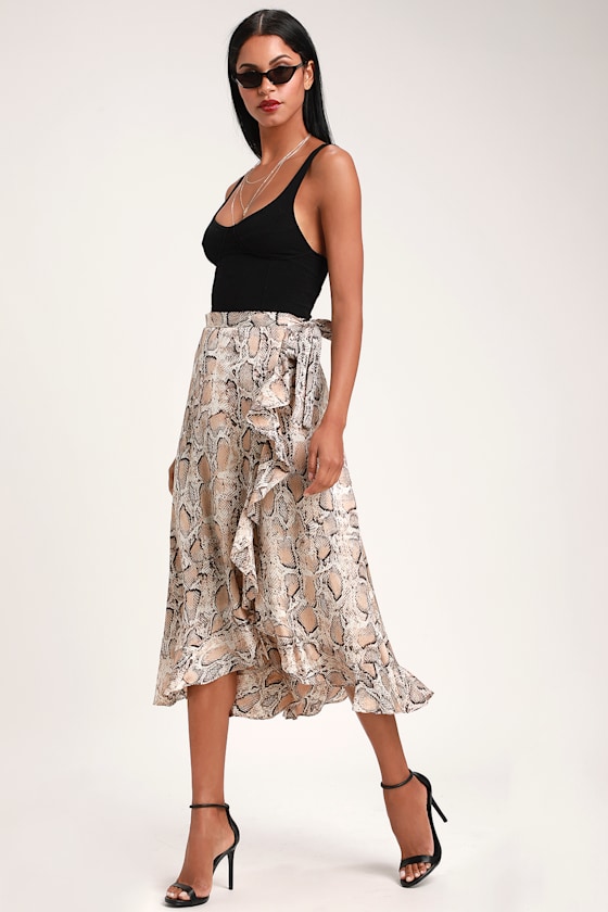 She's Wild Beige Snake Print Wrap Midi Skirt 3