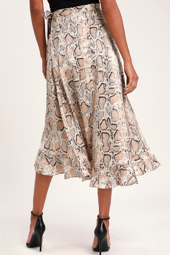 She's Wild Beige Snake Print Wrap Midi Skirt 2